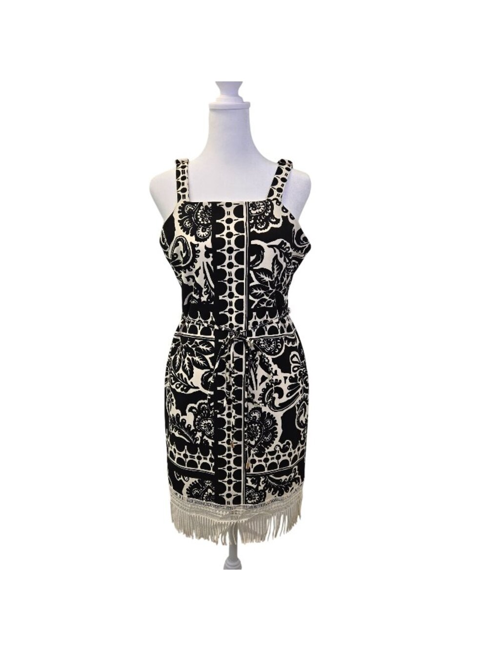 Tahari ASL Border Print Fringe Trim Sheath Dress Size 2